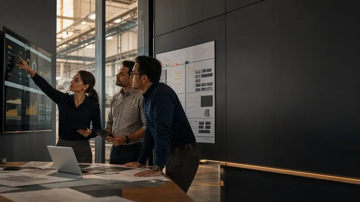 Equipo revisando indicadores del negocio en una pared de gráficas