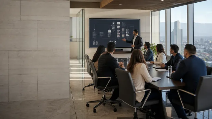 Taller ejecutivo con un equipo reunido frente a una pantalla en una oficina de cristal